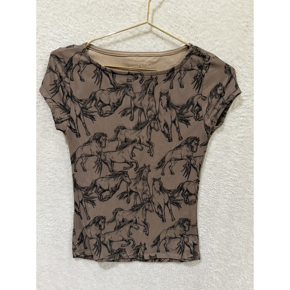 Sweet Lilac Women's Brown Graphic T Shirt Size Small Horses Western Rodeo Mesh